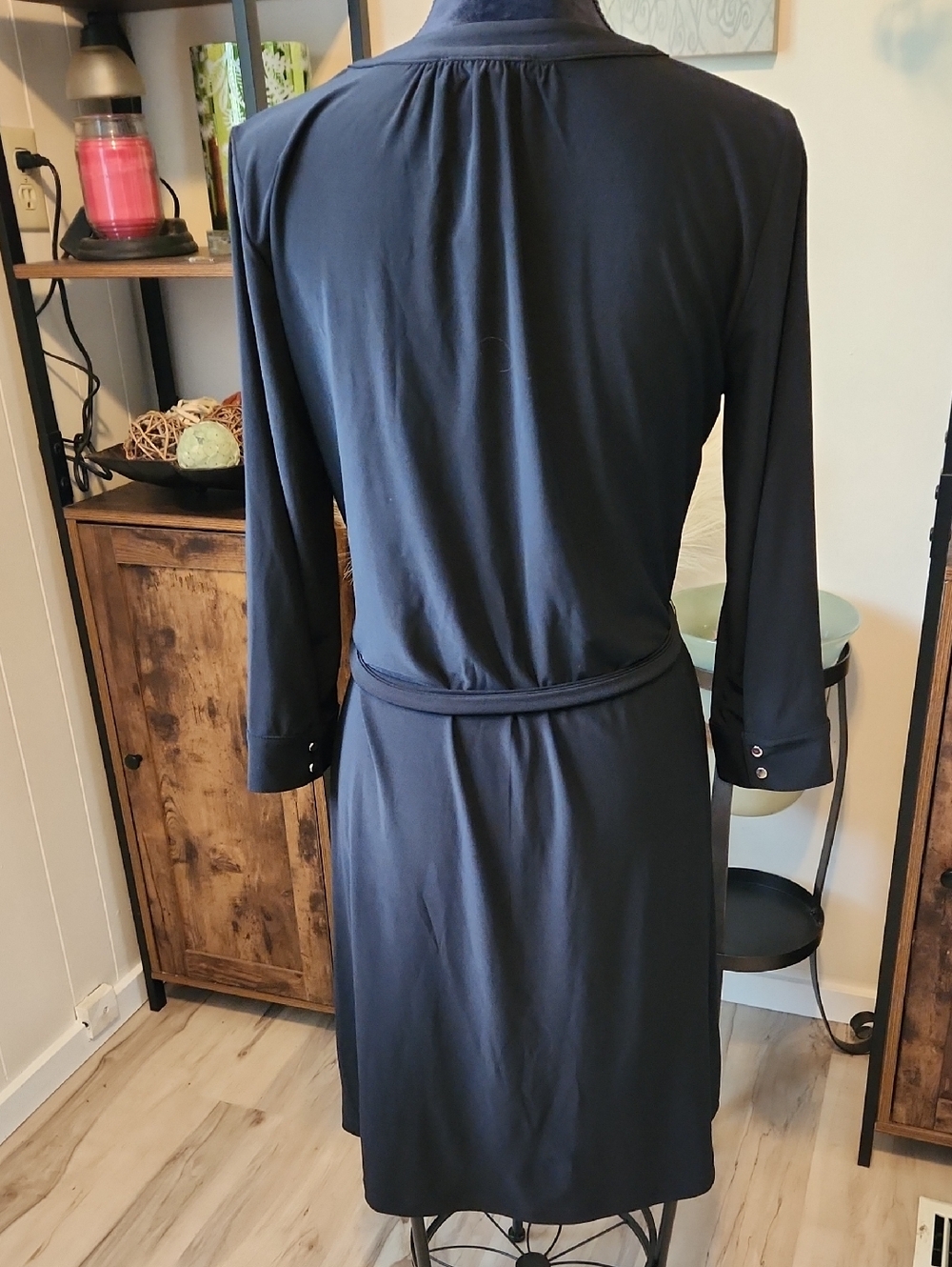 White House Black Market Black Poly/Spandex Snap Up Dress With Tie Size Medium - Picture 2 of 10